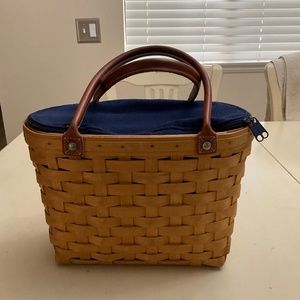 Longaberger purse, caramel with navy blue lining